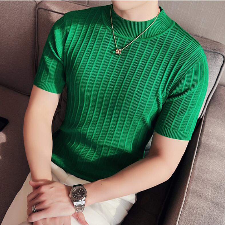 2022 Men’s High-End Casual Short Sleeve knitting Sweater/Male High collar Slim Fit Stripe Set head Knit Shirts Plus size S-4XL alx