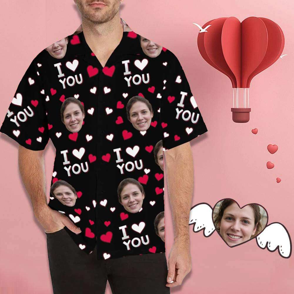 Custom Face I Love You Black All Over Print Hawaii Shirt Ha38490