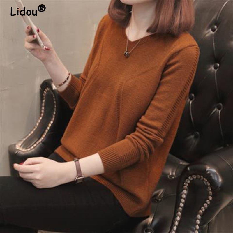 Autumn Winter Solid Color Single Breasted Chic Long Sleeve Pullovers for Women 2022 New V-neck Sweater Women’s Casual Korean Top alx