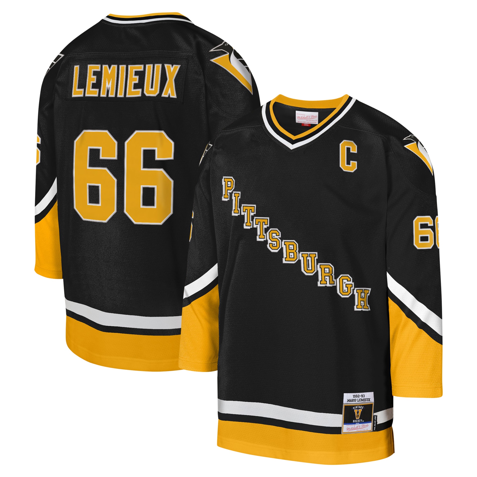 Mario Lemieux Pittsburgh Penguins Mitchell & Ness Youth 1992-93 Blue Line Captain Patch Player Jersey – Black