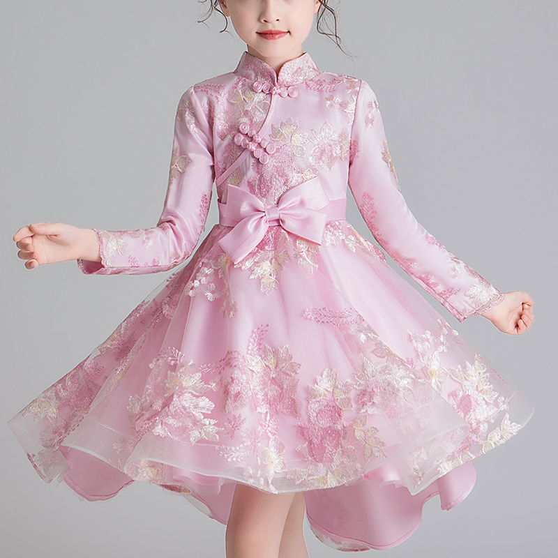 2021 New Chinese Asian Design Kids Dress For Girls Tailing Buckle Chinese Style Elegant New Year Princess Children Party Dress alx