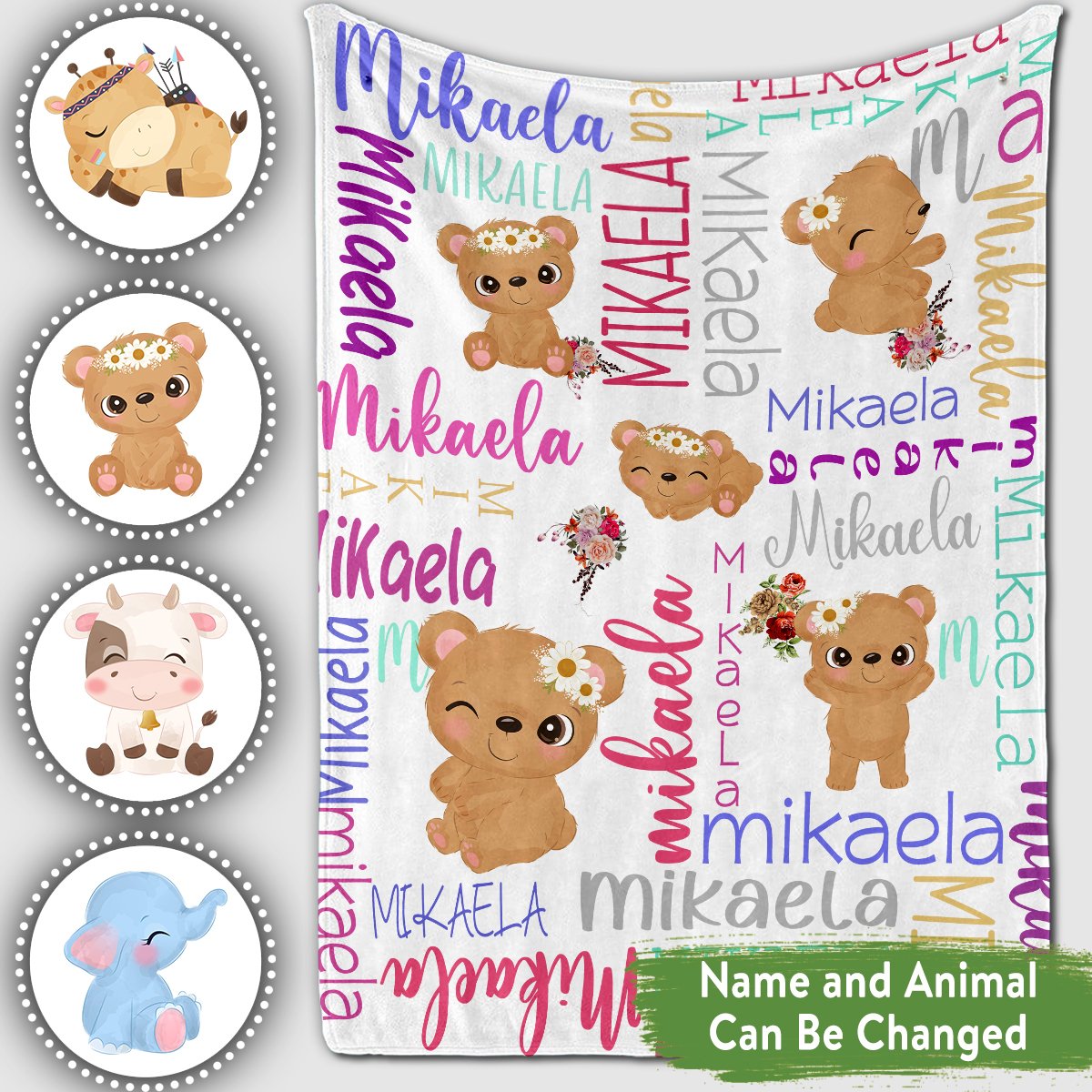 Personalized Baby Blankets With Name Elephant, Giraffe, Bear Baby Blanket White Color For Boy And Girl Baby