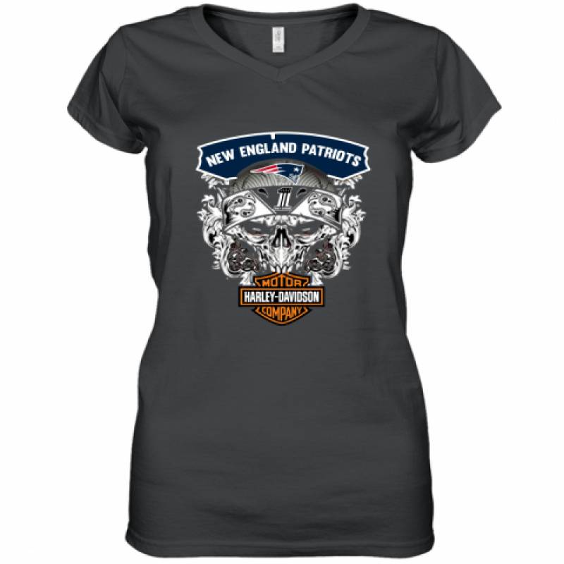 Skull New England Patriots Harley Davidson shirt Women's V-Neck T-Shirt