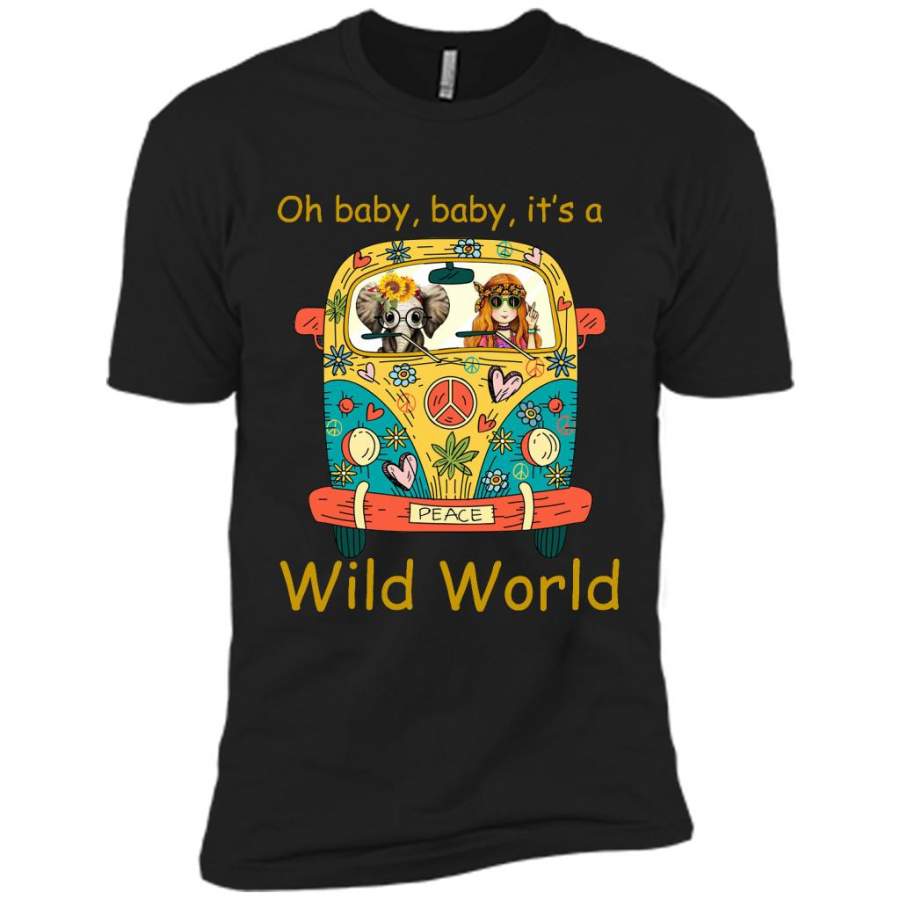 Oh Baby Baby It’s A Wild World, Hippie Car Girl, Peace Sign, Elephant Design – Canvas Unisex USA Shirt