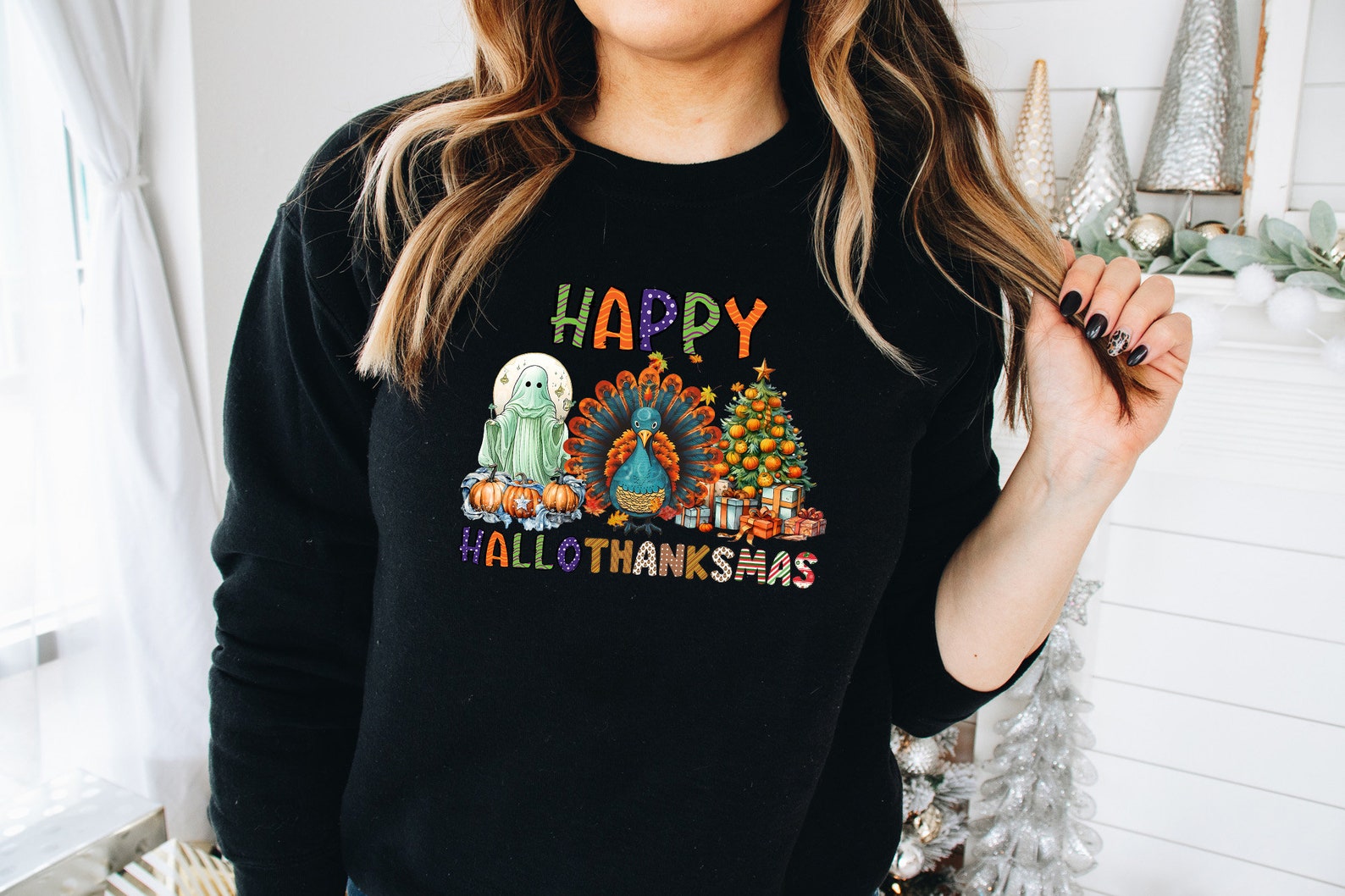 Happy Hallothanksmas Sweatshirt Halloween 2D Crewneck Sweatshirt All Over Print Sweatshirt For Women Sweatshirt For Men Sws3583