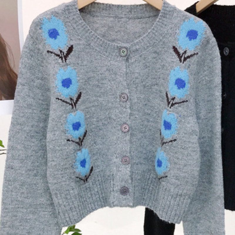 Autumn New Crocheted Floral Women Cardigan O-Neck Jacquard Cornflower High Waist Elegant Fashion Knitted Tops Basics Sweater alx