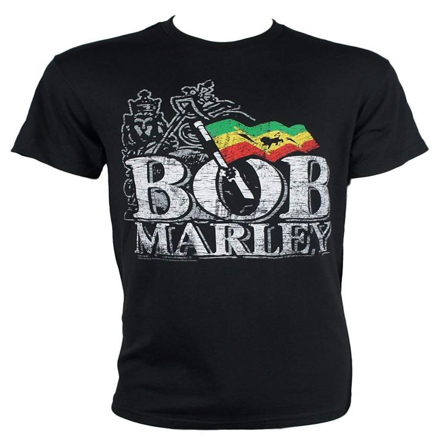 Bob Marley Lion Rasta Distressed Logo Men T-Shirt Black