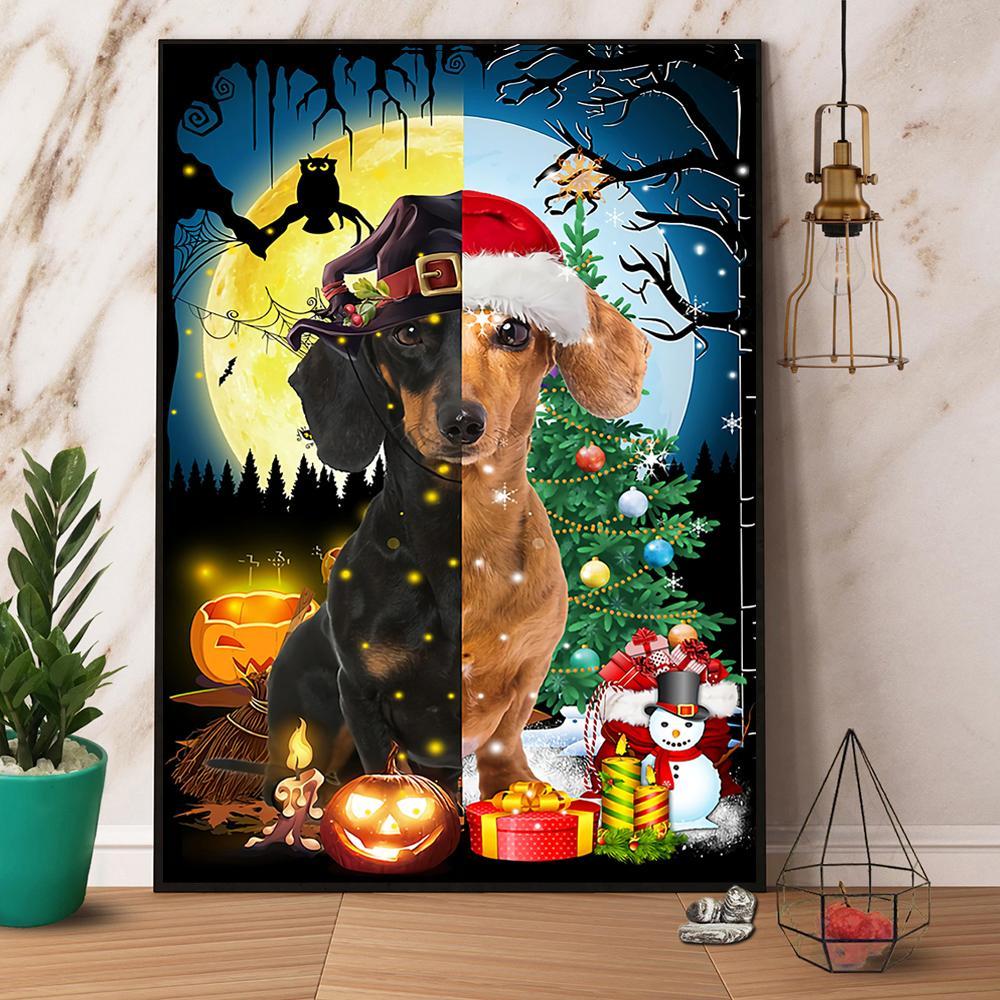 Dog Witch And Dog With Christmas Hat Halloween Gift Christmas Gift Paper Poster No Frame  Matte Canvas Wall Decor