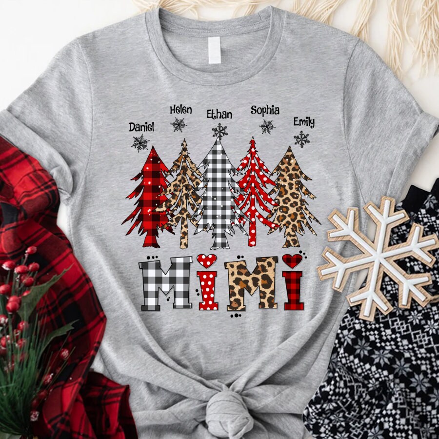 Custom Pine Trees Christmas Mimi Shirt, Xmas Custom Nana Mimi Grandma Shirt With Kidnames, Mimi Long Sleeve Sweatshirt for Christmas 2022