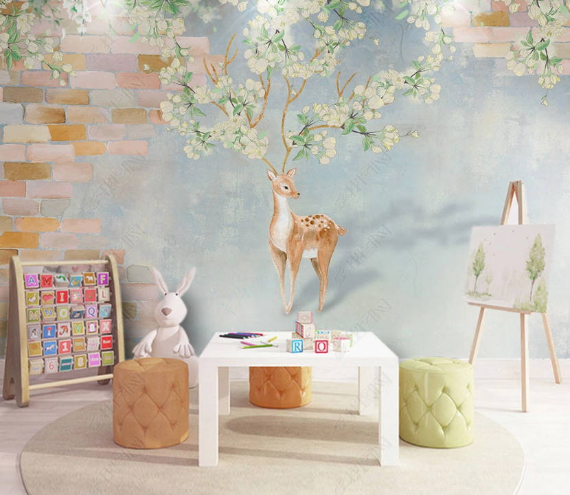 3D Cartoon Hand Drawn White Floral Plant Deer Animal Blue Background Wall Mural Wallpaper Lxl