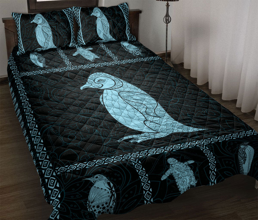 Quilt Set, Mandala Patchwork Penguin Blue Black Quilt Blanket With Pillowcases, Quilt Bedding Set