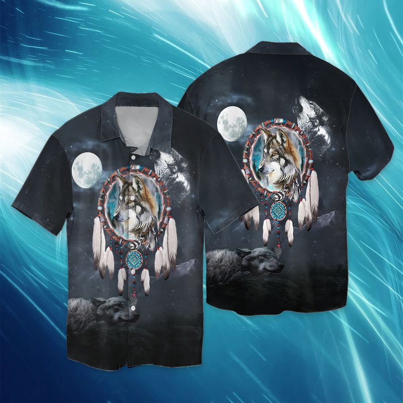 Native American Wolf Under The Moonlight Full Print Hawaii Shirt Ha10599