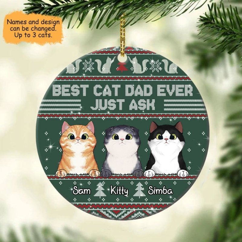 Best Cat Dad Ever Ugly Sweater Personalized Christmas Ornament