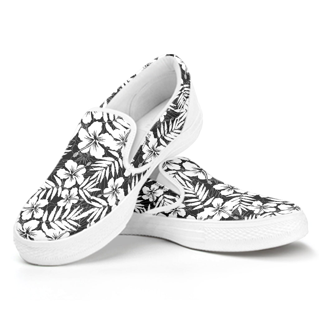 White And Grey Hawaiian Pattern Print White Slip On Shoes