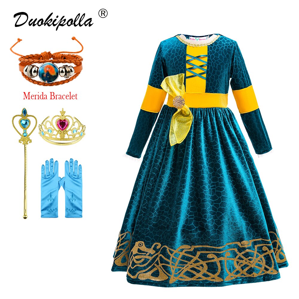 2021 Winter Autumn Girls Merida Dress Christmas Party Velvet Dresses Halloween Princess Costume for Kids Fashion Gothic Clothing alx