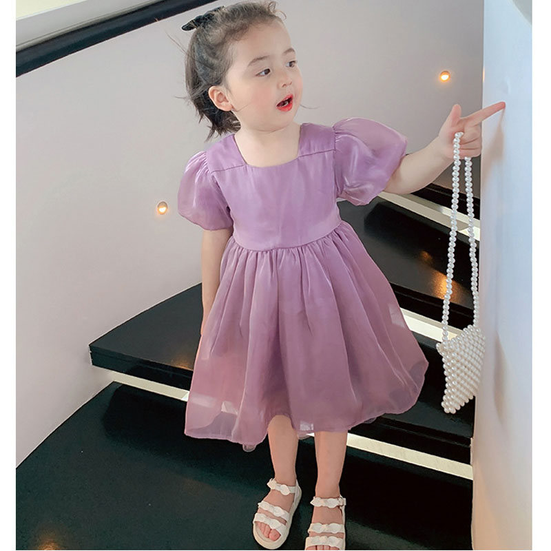 2021 Summer Girls’ Dress New Style Bow Puff Sleeve Sweet Princess Dress Pure Color Children’S Baby Kids Clothing For Girls alx