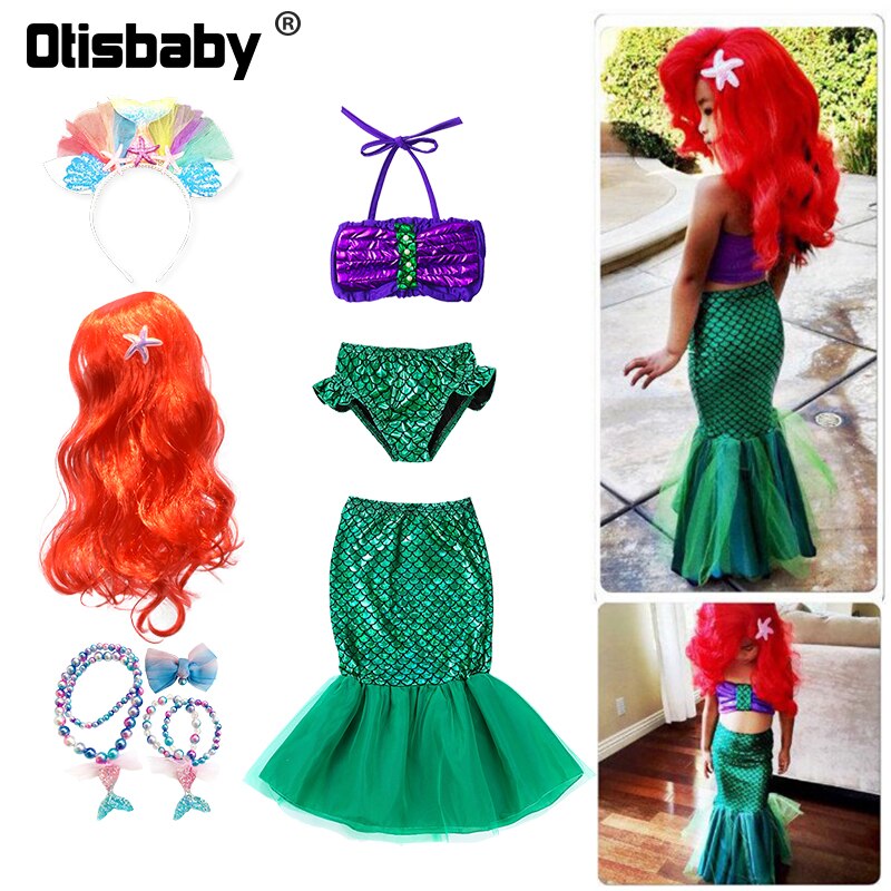 Ariel Dress for Girls Halloween Little Mermaid Costume Child Red Mermaid Wig Princess Shoes Christmas Ariel Dress Up Swimsuit alx