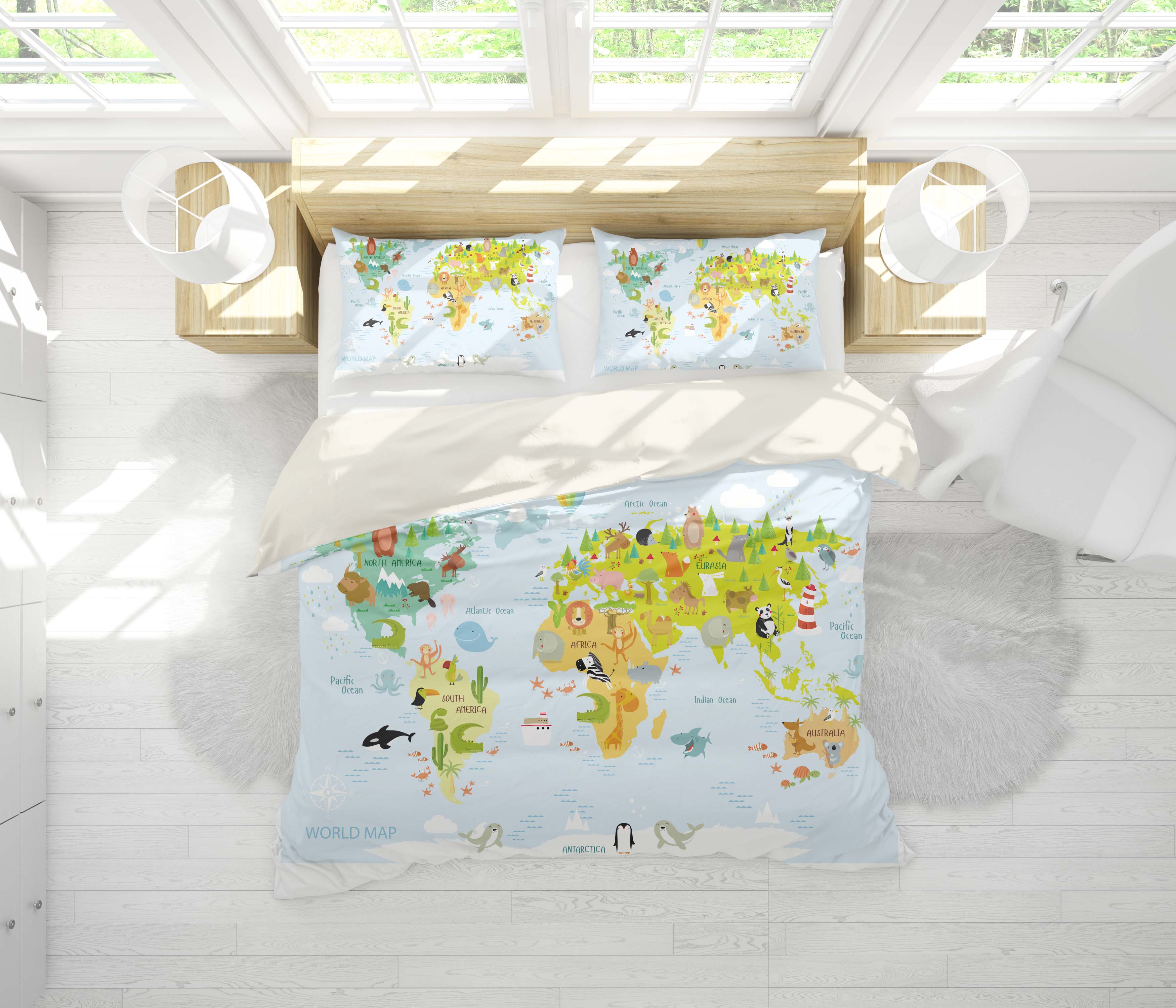 3D Green Animals World Map Quilt Cover Set Bedding Set Pillowcases 48