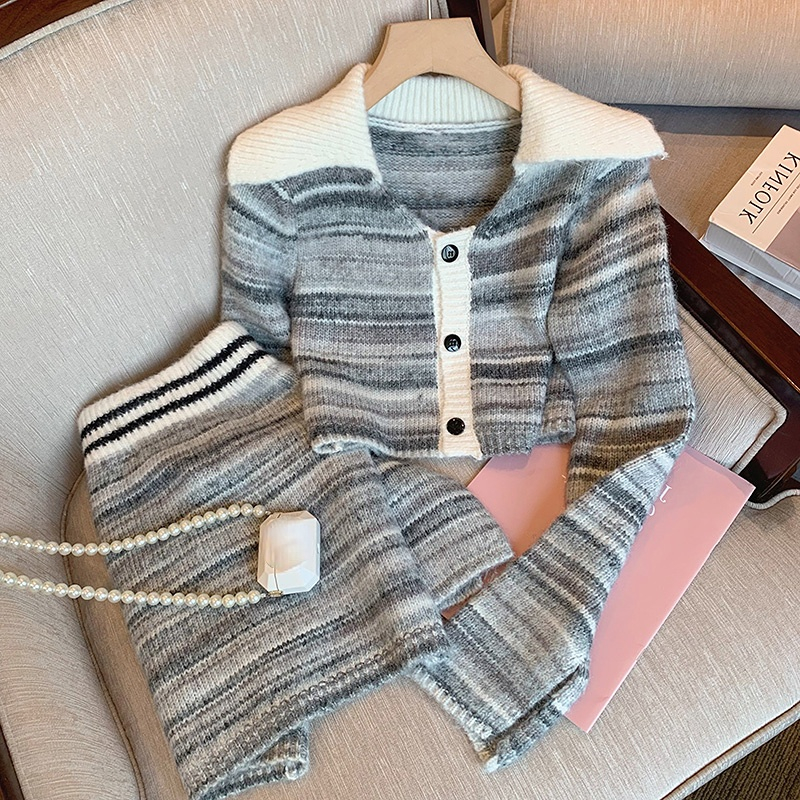 Wrap Hip Skirt Sets Retro Short Knitted Cardigan Coat Contrast Striped Sweater 2022 Fall Two Piece Sets Dress Suits alx