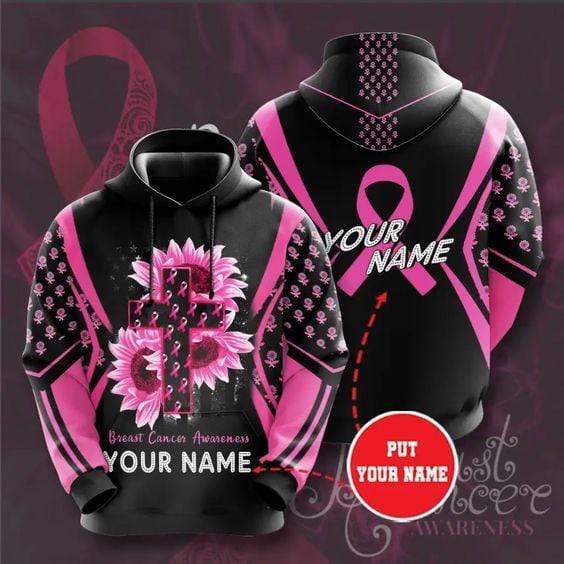 Breast Cancer Pink Flower Cross Personalized Custom Name Hoodie 3D