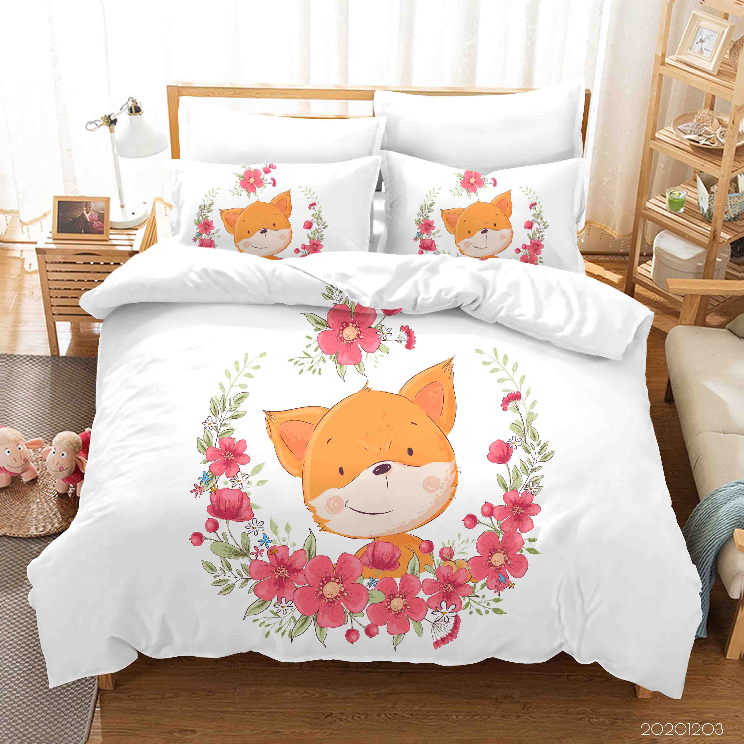 3D Cartoon Pink Floral Plant Fox Animal Quilt Cover Set Bedding Set Duvet Cover Pillowcases Lxl