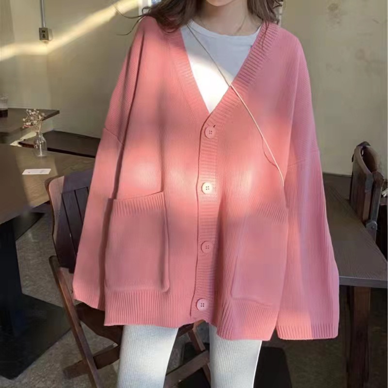 2022 New Sweater Jacket Women’s Korean Version Net Red Loose Western Style Lazy Wind Solid Color Knit Cardigan alx