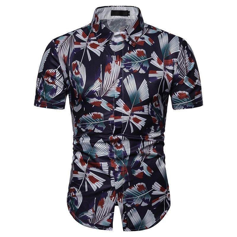 Navy Blue Hawaii Lapel Loose Short Sleeve Shirts Ha4332