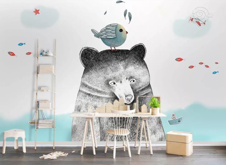 3D Hand Drawn Animal Bear Bird Wall Mural Wallpaper Lqh 282