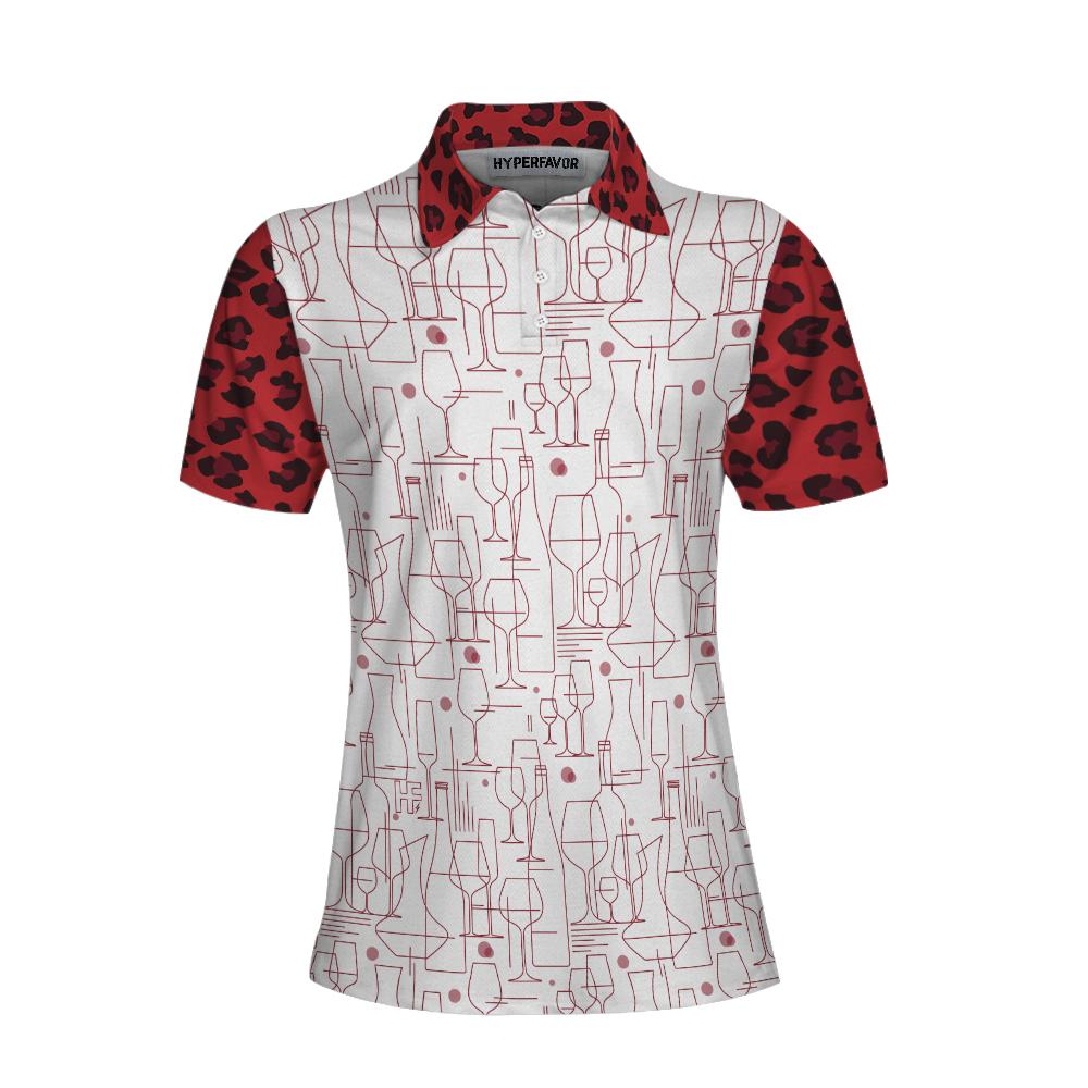 Red Wine And Leopard Pattern Drink Short Sleeve Women Polo Shirt, Wine Drinking Icon Polo Shirt For Ladies