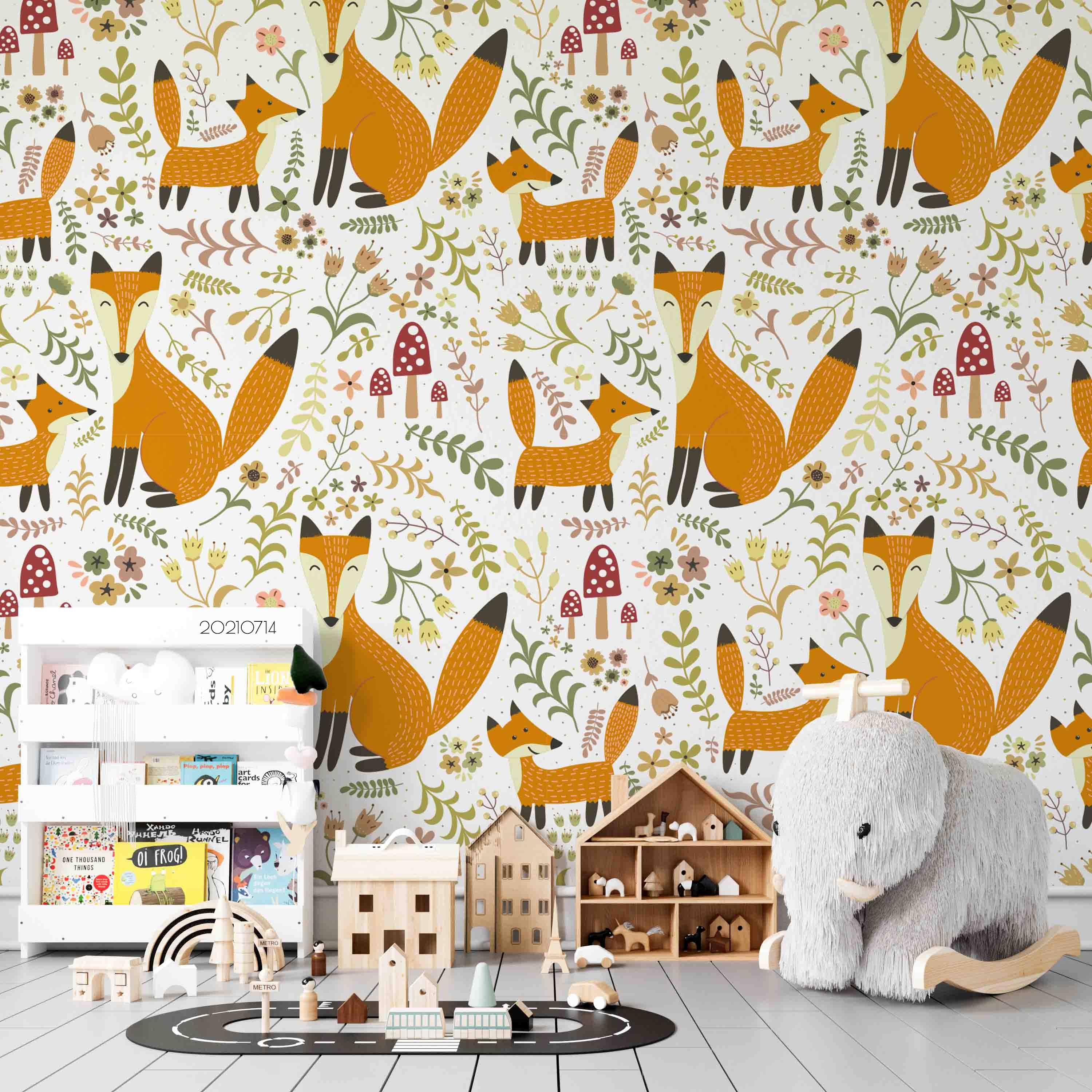 3D Hand Drawn Floral Leaf Animal Fox Wall Mural Wallpaper Lqh 159