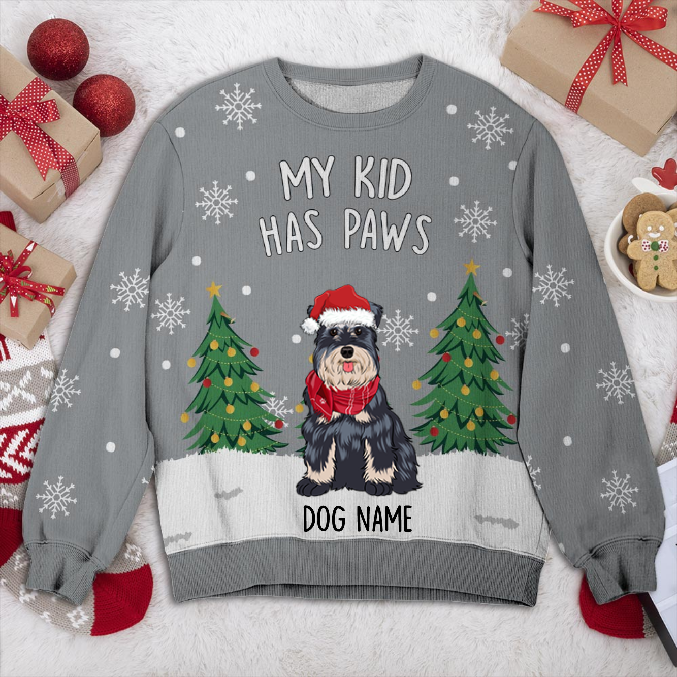 Schnauzer My Kid Has Paws Personalized Sweater, Dog Ugly Christmas Sweater