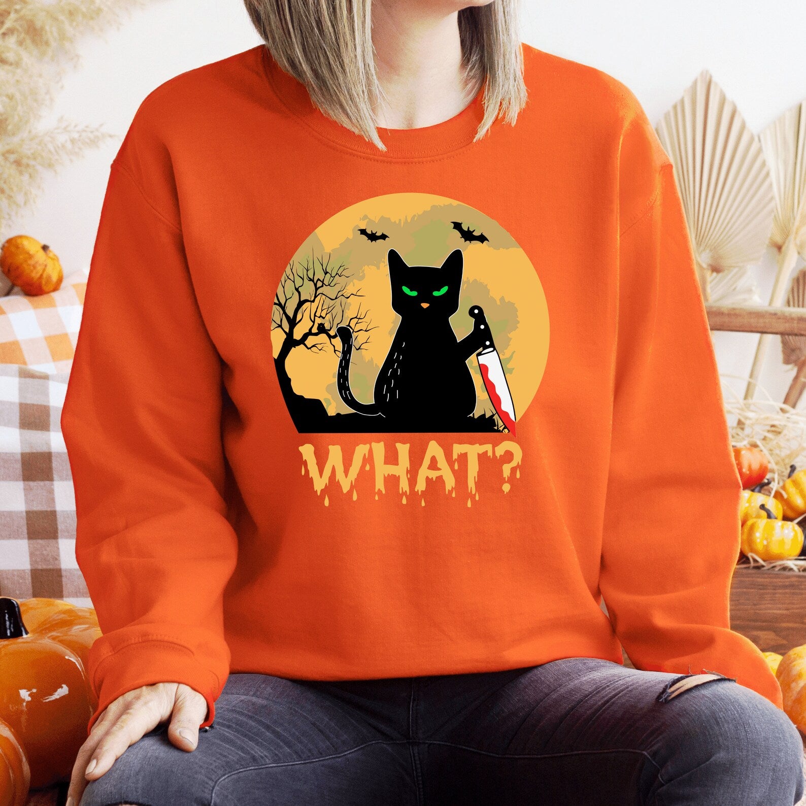 Halloween Cat Sweatshirt For Cat Lovers’ Halloween Gift 2D Crewneck Sweatshirt All Over Print Sweatshirt For Women Sweatshirt For Men