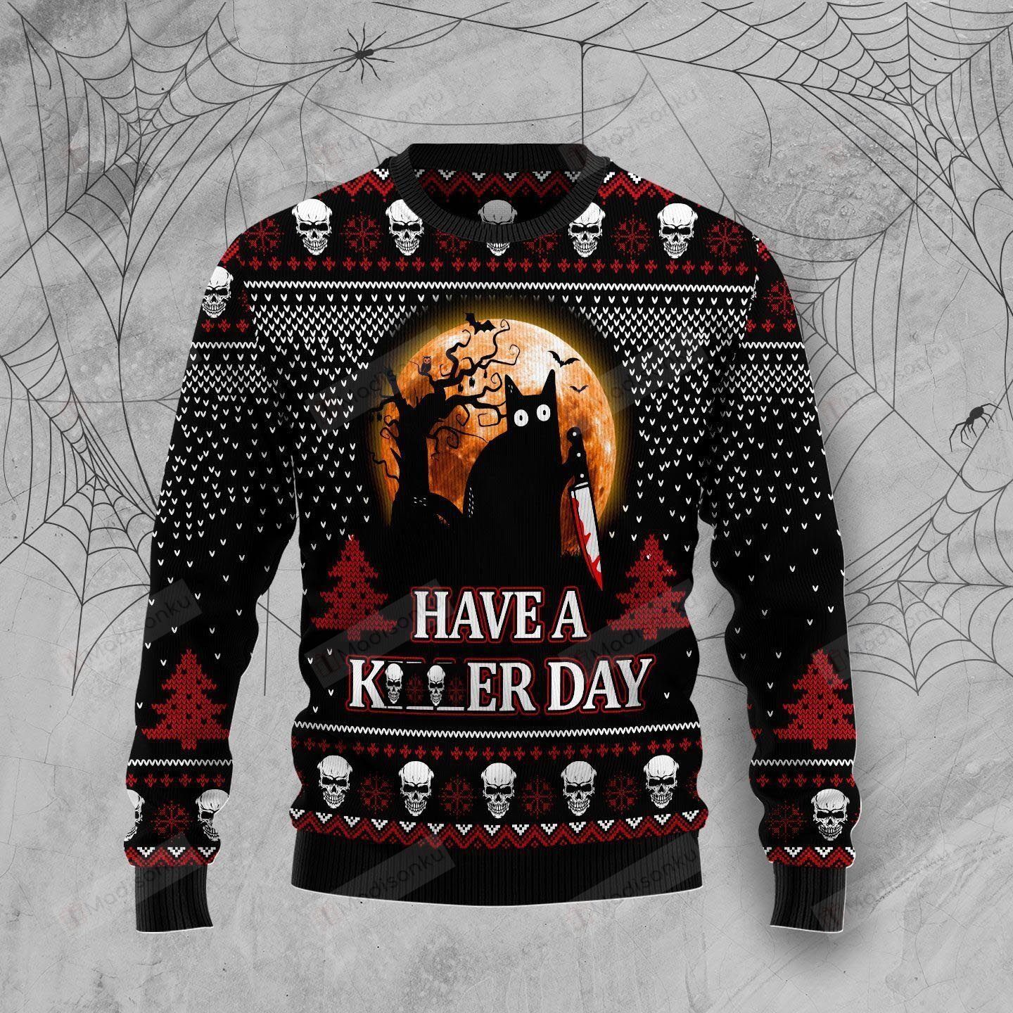 Black Cat Funny Have Day Halloween Ugly Christmas Sweater, All Over Print Sweatshirt