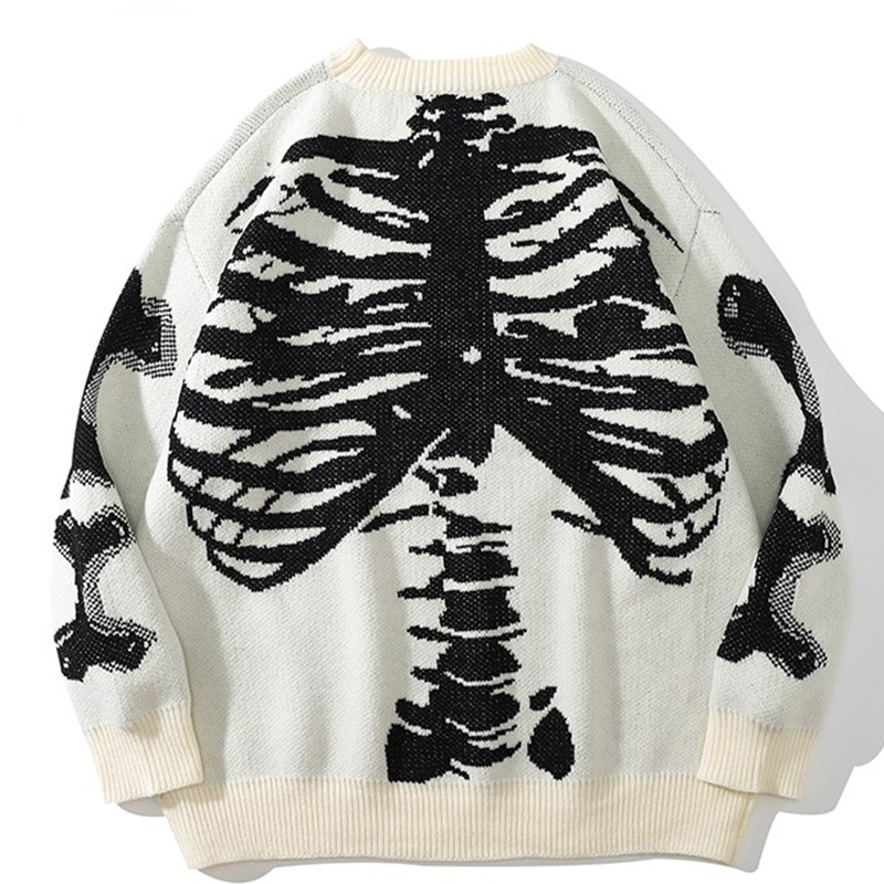 Autumn And Winter Casual Men’s Oversized Sweater Loose Skeleton Bone Print Women Vintage Knitted Sweater Unisex Cotton Pullover alx