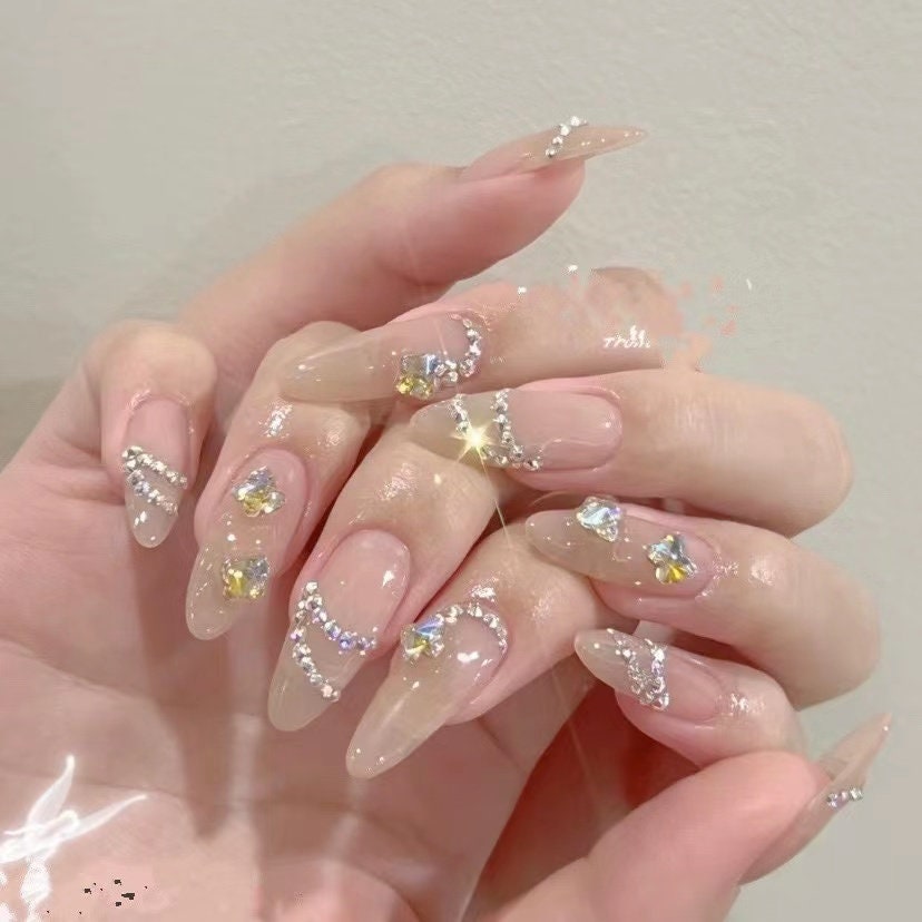 Light beige Shining Press on nails/Swarovski crystal Fake nails/ soft girl nails/elegant/classy nails/gift for her #76