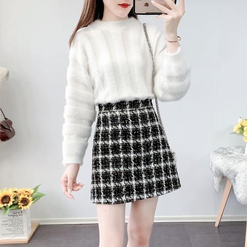 Women 2022 Autumn Winter New 2 Piece Sets Female Solid Color Sweater Tops and High Waist Plaid A-line Skirts Ladies Suits Q383 alx