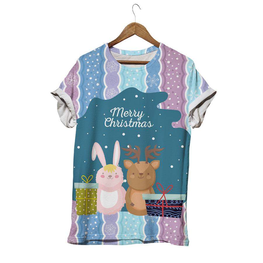 Pink Rabbit Merry Christmas With Deer Ethnic Motif Rabbit T-shirt