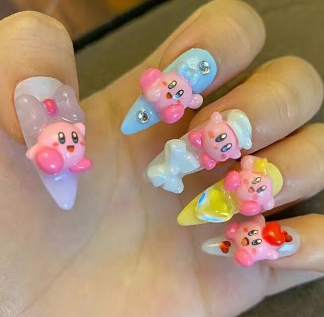 Kirby Inspired Press On Nails / Handmade Y2K Fake Nails/Spring Nails/Nintendo / Y2K Nails Kawaii Nails / Cute Japanese Nails #83