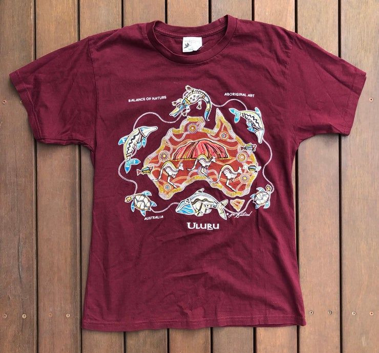 Vintage 90 S Aboriginal Indigenous Artwork Burgundy Graphic Souvenir Shirt