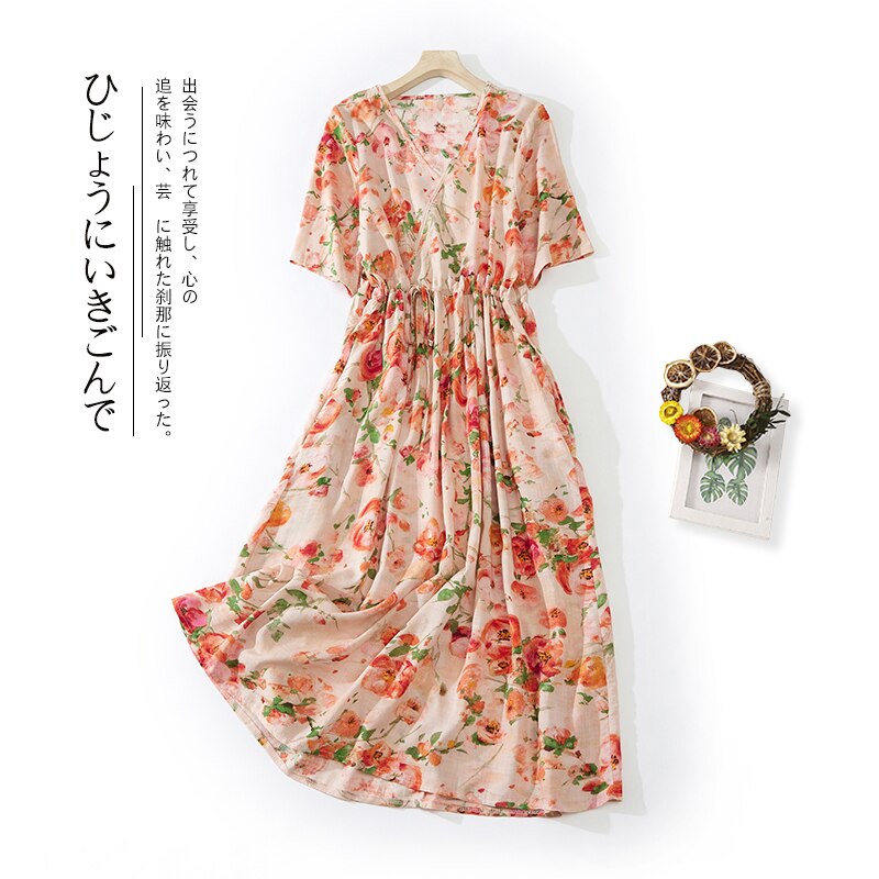 2022 New Arrival V-neck Thin Light Soft Loose Cozy Summer Dress Print Floral Holiday Travel Style Women Beach Casual Midi Dress alx