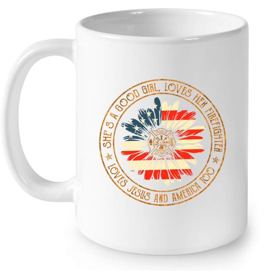 She’s A Good Girl Loves Her Firefighter Loves Jesus And America Too, Circle Vintage Classic Retro – Full-Wrap Coffee White Mug