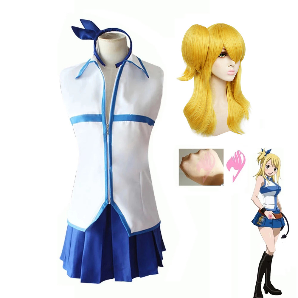 Anime Cosplay Lucy Heartfilia Full Set Sky Blue Skirt Tops Hairpin Pink Tail Tattoo Gift Halloween Party Costumes Dress Uniform alx