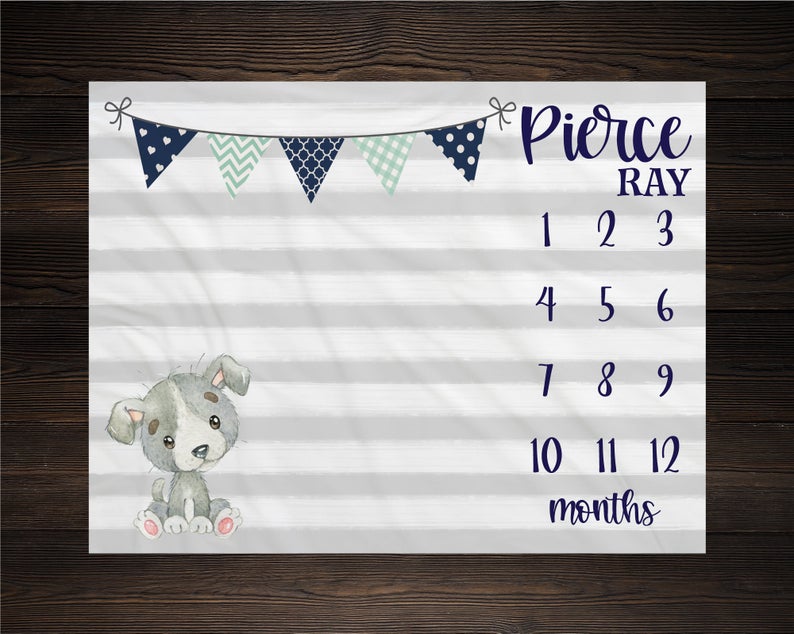 Puppy Dog Milestone Blanket, Monthly Growth Tracker Soft Fleece Blanket, Baby Shower Gift, Newborn Gift Blanket, Watch Me Grow Baby Boy