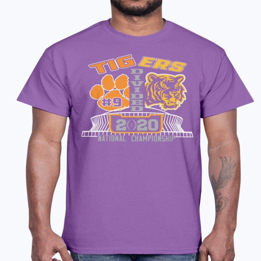 Tigers Divided T-Shirt – College Football Playoff National Championship between LSU and Clemson – Clemson Tigers – LSU Tigers