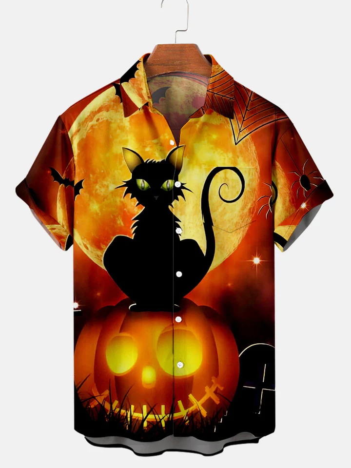 Black Cat And Pumpkin Halloween Shirt Collar Vintage Shirts For Men, Halloween Gift