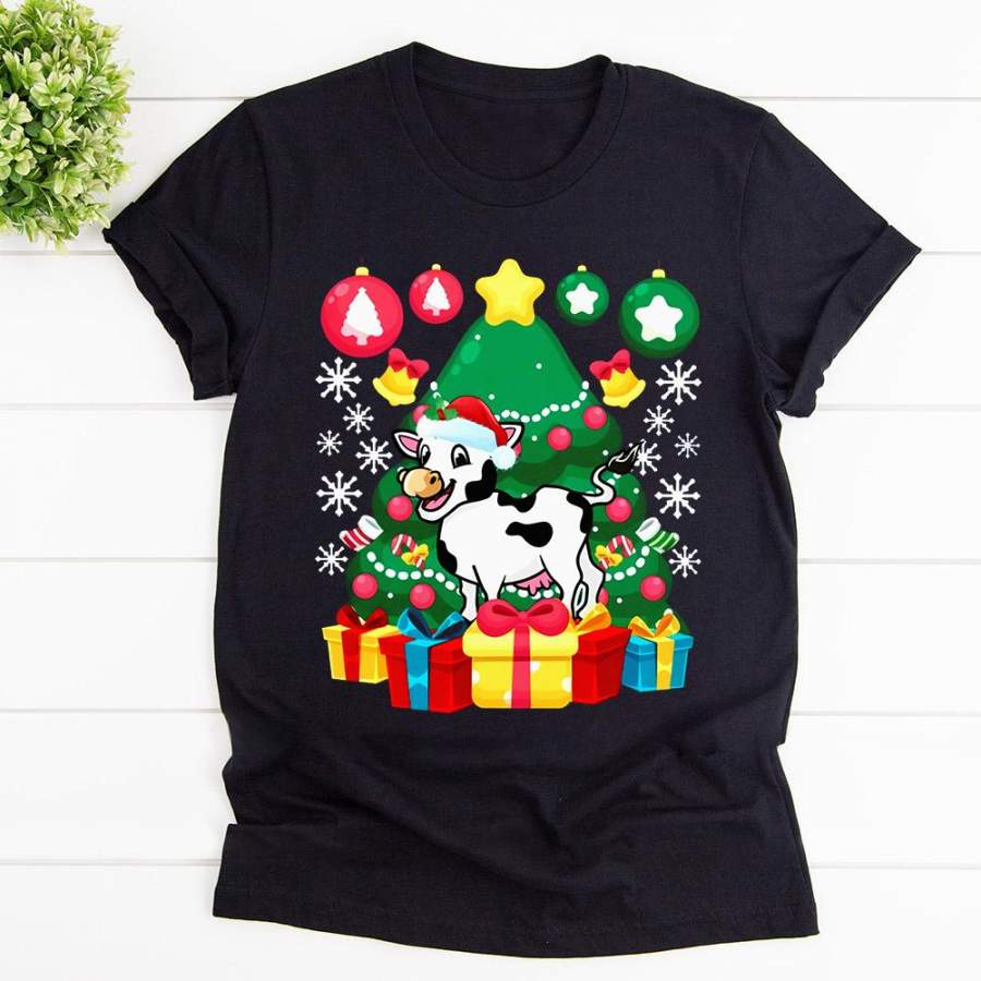 Cow Penguin christmas gift cow santa clasus xmas 2020 black cotton t shirt for men and women S-6XL