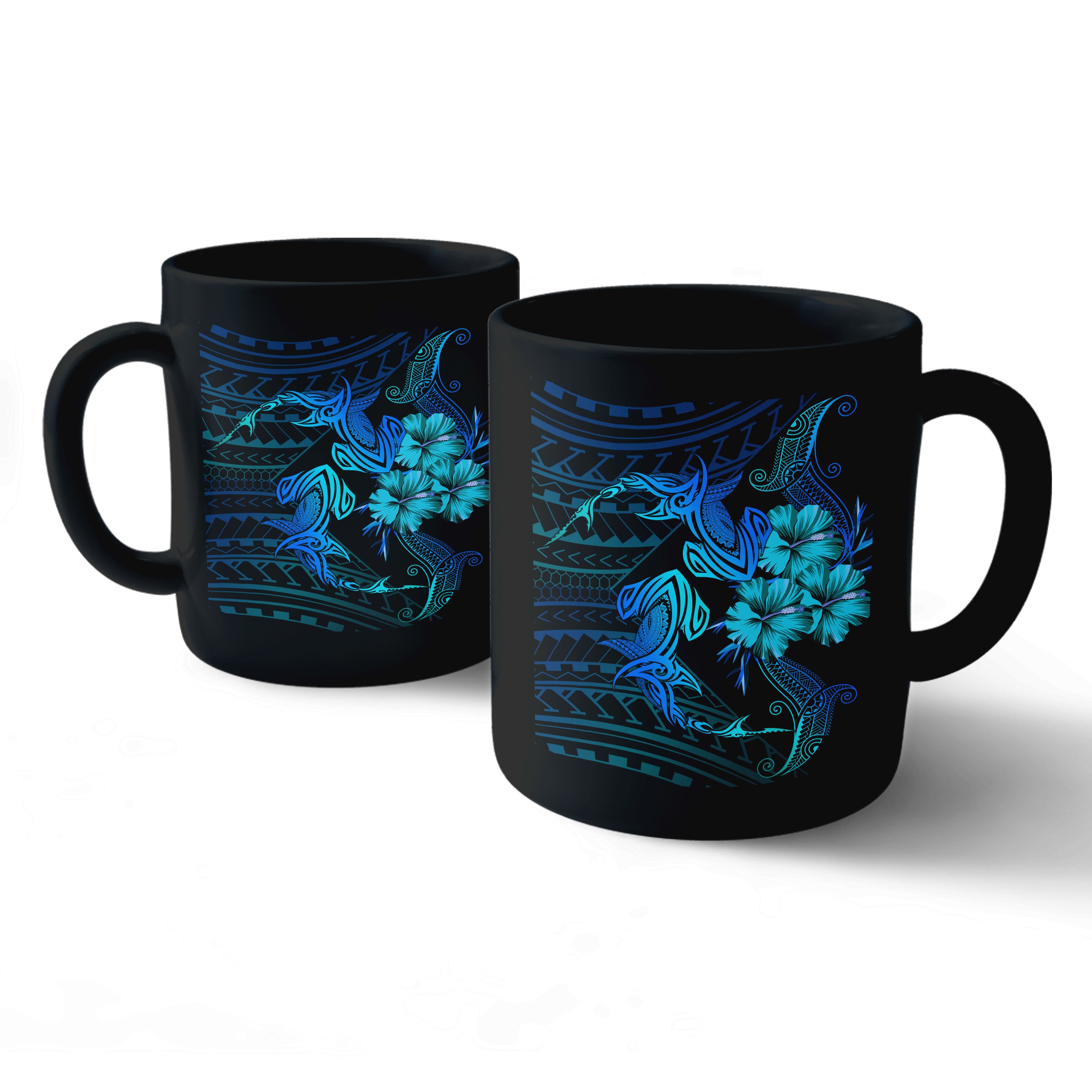 (Personalized) Hawaii Couple Shark Hibiscus Polynesian Mug – Blue – Mina Style – AH – J2