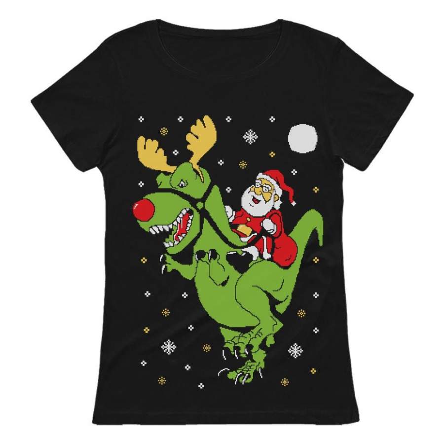 T-Rex Santa Ride Ugly Christmas Women T-Shirt