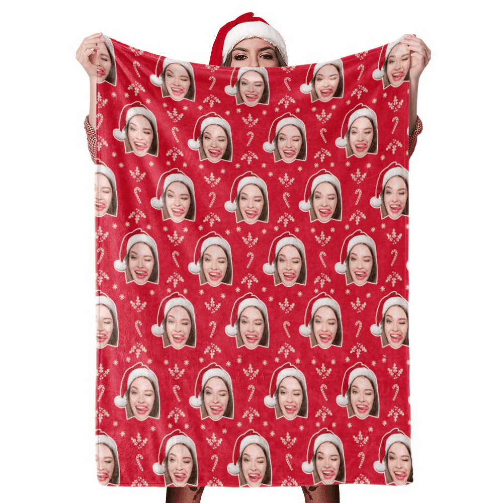 Red Candy Cane With Smiling Face Red Cap Custom Photo   Fleece Sherpa Blanket