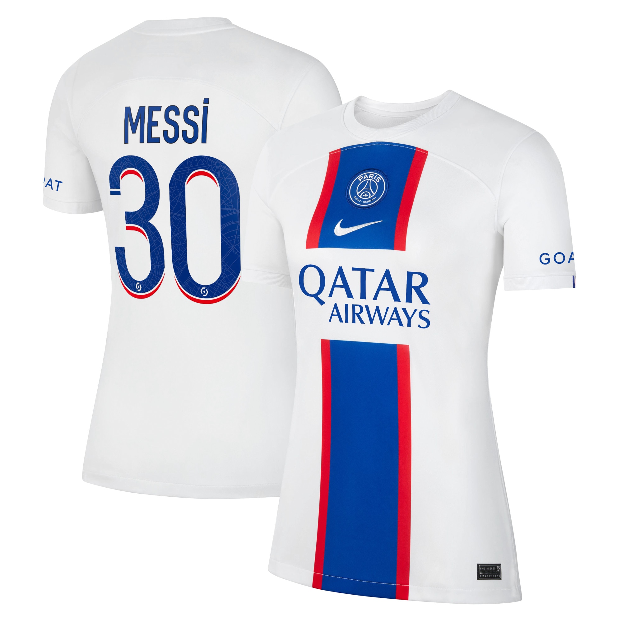 Lionel Messi Paris Saint-Germain Women's 2022/23 Third Breathe Stadium Replica Player Jersey – White